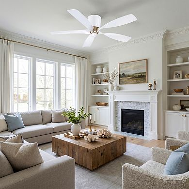 52" Modern White 5 Blades Flush Mount Low Profile Ceiling Fan, No Light