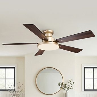 52" Modern Smart Gold Flush Mount Ceiling Fan with Dimmable LED Light and Remote, APP Control