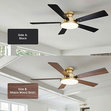 52" Modern Smart Gold Flush Mount Ceiling Fan with Dimmable LED Light and Remote, APP Control