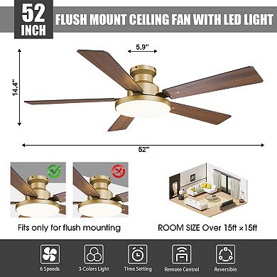 52" Modern Smart Gold Flush Mount Ceiling Fan with Dimmable LED Light and Remote, APP Control