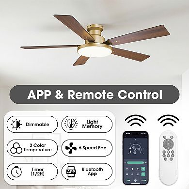 52" Modern Smart Gold Flush Mount Ceiling Fan with Dimmable LED Light and Remote, APP Control