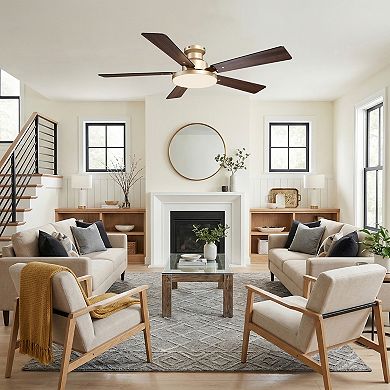 52" Modern Smart Gold Flush Mount Ceiling Fan with Dimmable LED Light and Remote, APP Control