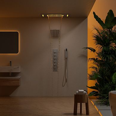 Aurora LED Bluetooth 5-Spray Ceiling Mount 23 in. and 15 in. Fixed Shower 10 in. Shower Handheld