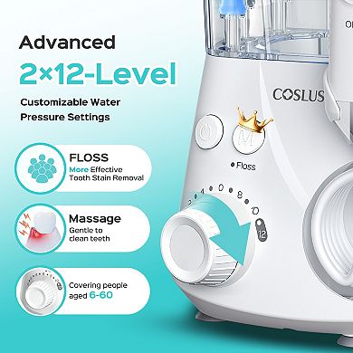 COSLUS EX2 Water Flosser: 2 Modes, 12 Pressures, 5 Tips - For Braces, Sensitive Gums, Family