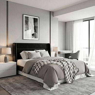 Velvet Lift-Up Storage Bed Frame with Wingback Headboard and Hydraulic Lift, No Box Spring Needed