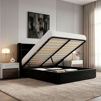 Velvet Lift-Up Storage Bed Frame with Wingback Headboard and Hydraulic Lift, No Box Spring Needed