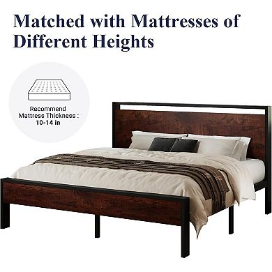 Industrial Platform Bed Frame with Wood Headboard and Footboard, Heavy-Duty Metal Slat Support