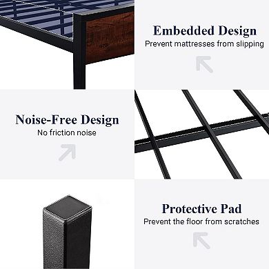 Industrial Platform Bed Frame with Wood Headboard and Footboard, Heavy-Duty Metal Slat Support