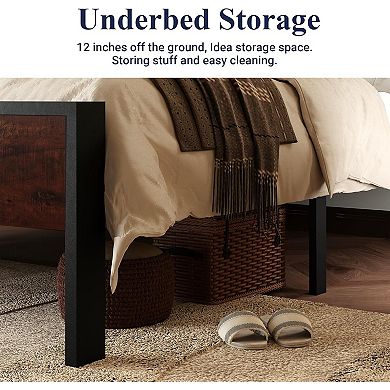 Industrial Platform Bed Frame with Wood Headboard and Footboard, Heavy-Duty Metal Slat Support