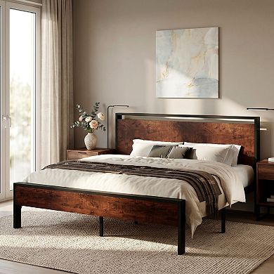 Industrial Platform Bed Frame with Wood Headboard and Footboard, Heavy-Duty Metal Slat Support
