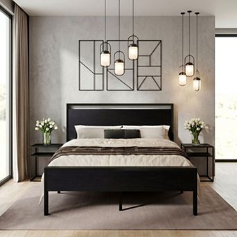 Industrial Platform Bed Frame with Wood Headboard and Footboard, Heavy-Duty Metal Slat Support