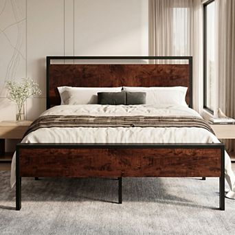 Industrial Platform Bed Frame with Wood Headboard and Footboard, Heavy-Duty Metal Slat Support