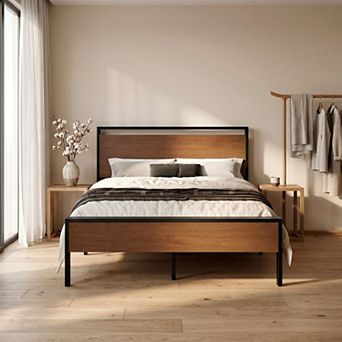 Industrial Platform Bed Frame with Wood Headboard and Footboard, Heavy-Duty Metal Slat Support