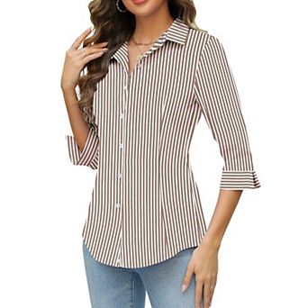 Zeagoo Women Button Up Shirts 3/4 Sleeve Business Shirt Slim V Neck Work Blouse