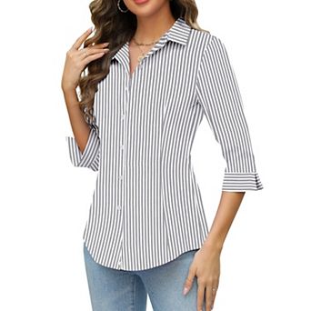 Zeagoo Women Button Up Shirts 3/4 Sleeve Business Shirt Slim V Neck Work Blouse