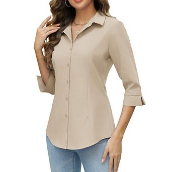 Zeagoo Women Button Up Shirts 3/4 Sleeve Business Shirt Slim V Neck Work Blouse