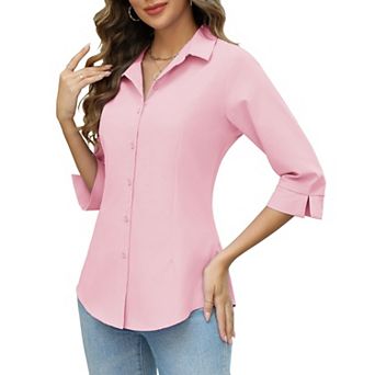 Zeagoo Women Button Up Shirts 3/4 Sleeve Business Shirt Slim V Neck Work Blouse