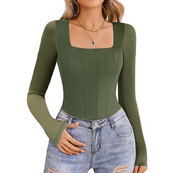 Avidlove Women Long Sleeve Bodysuits Square Neck One Piece Body Suit Mesh Leotard Tops Double Lined