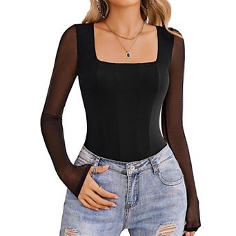 Avidlove Women Long Sleeve Bodysuits Square Neck One Piece Body Suit Mesh Leotard Tops Double Lined