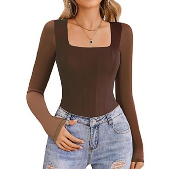 Avidlove Women Long Sleeve Bodysuits Square Neck One Piece Body Suit Mesh Leotard Tops Double Lined