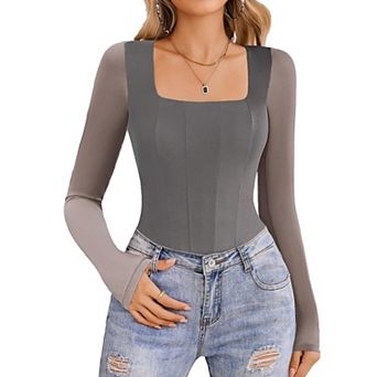 Avidlove Women Long Sleeve Bodysuits Square Neck One Piece Body Suit Mesh Leotard Tops Double Lined