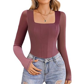 Avidlove Women Long Sleeve Bodysuits Square Neck One Piece Body Suit Mesh Leotard Tops Double Lined