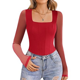 Avidlove Women Long Sleeve Bodysuits Square Neck One Piece Body Suit Mesh Leotard Tops Double Lined