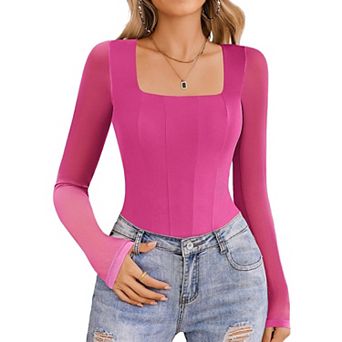 Avidlove Women Long Sleeve Bodysuits Square Neck One Piece Body Suit Mesh Leotard Tops Double Lined
