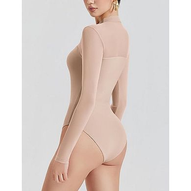 Avidlove Women Bodysuit Long Sleeve Mesh Bodysuit Double Lined Leotards Mock Neck Going Out Top