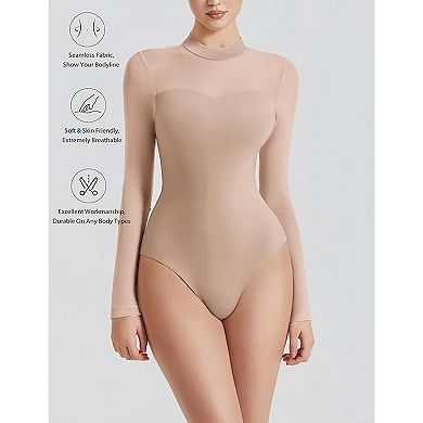 Avidlove Women Bodysuit Long Sleeve Mesh Bodysuit Double Lined Leotards Mock Neck Going Out Top