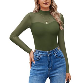 Avidlove Women Bodysuit Long Sleeve Mesh Bodysuit Double Lined Leotards Mock Neck Going Out Top