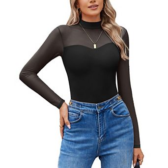 Avidlove Women Bodysuit Long Sleeve Mesh Bodysuit Double Lined Leotards Mock Neck Going Out Top