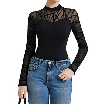 Avidlove Women Bodysuit Long Sleeve Mesh Bodysuit Double Lined Leotards Mock Neck Going Out Top