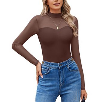 Avidlove Women Bodysuit Long Sleeve Mesh Bodysuit Double Lined Leotards Mock Neck Going Out Top