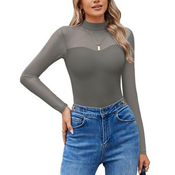 Avidlove Women Bodysuit Long Sleeve Mesh Bodysuit Double Lined Leotards Mock Neck Going Out Top