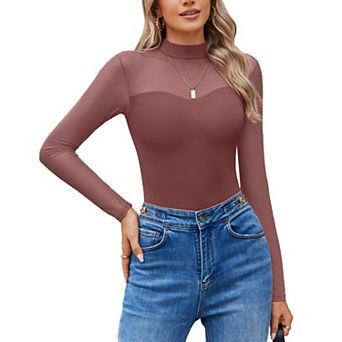 Avidlove Women Bodysuit Long Sleeve Mesh Bodysuit Double Lined Leotards Mock Neck Going Out Top