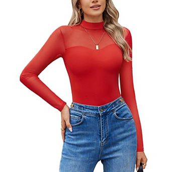 Avidlove Women Bodysuit Long Sleeve Mesh Bodysuit Double Lined Leotards Mock Neck Going Out Top