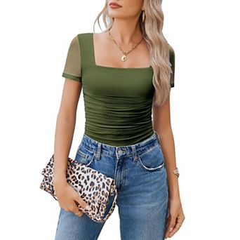 Avidlove Women Short Sleeve Bodysuit Square Neck Sheer Mesh Bodysuit Leotard Ruched Thong Body Date