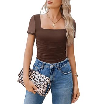 Avidlove Women Short Sleeve Bodysuit Square Neck Sheer Mesh Bodysuit Leotard Ruched Thong Body Date