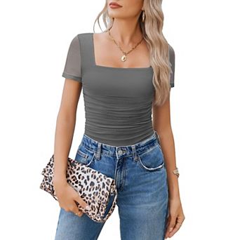 Avidlove Women Short Sleeve Bodysuit Square Neck Sheer Mesh Bodysuit Leotard Ruched Thong Body Date