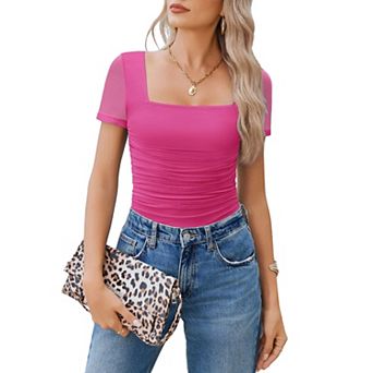 Avidlove Women Short Sleeve Bodysuit Square Neck Sheer Mesh Bodysuit Leotard Ruched Thong Body Date