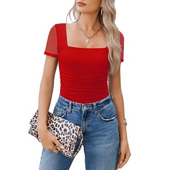 Avidlove Women Short Sleeve Bodysuit Square Neck Sheer Mesh Bodysuit Leotard Ruched Thong Body Date