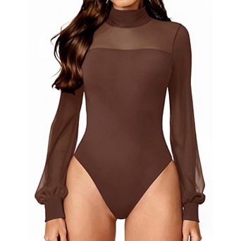 Avidlove Long Sleeve Body Suits Womens Mesh Bodysuit Mock Neck Body Suit Double Lined Bodysuits