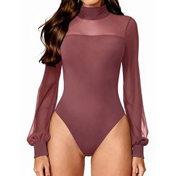 Avidlove Long Sleeve Body Suits Womens Mesh Bodysuit Mock Neck Body Suit Double Lined Bodysuits