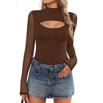 Avidlove Women Long Sleeve Thong Bodysuit Turtle Neck Shapewear Mesh Top Double Lined Cutout