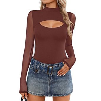 Avidlove Women Long Sleeve Thong Bodysuit Turtle Neck Shapewear Mesh Top Double Lined Cutout