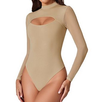 Avidlove Women Long Sleeve Thong Bodysuit Turtle Neck Shapewear Mesh Top Double Lined Cutout