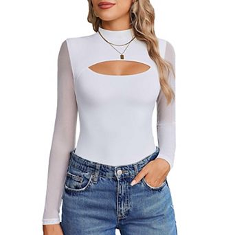 Avidlove Women Long Sleeve Thong Bodysuit Turtle Neck Shapewear Mesh Top Double Lined Cutout
