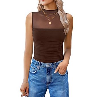 Avidlove Women Mock Neck Mesh Bodysuit Ruched Tank Body Suits Sheer One Piece Classy Outfits