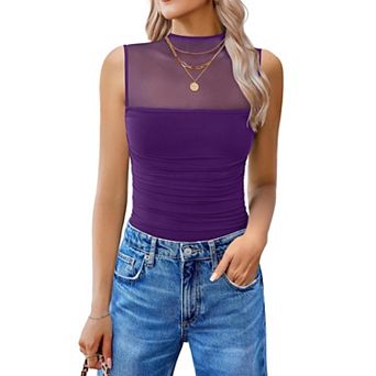 Avidlove Women Mock Neck Mesh Bodysuit Ruched Tank Body Suits Sheer One Piece Classy Outfits